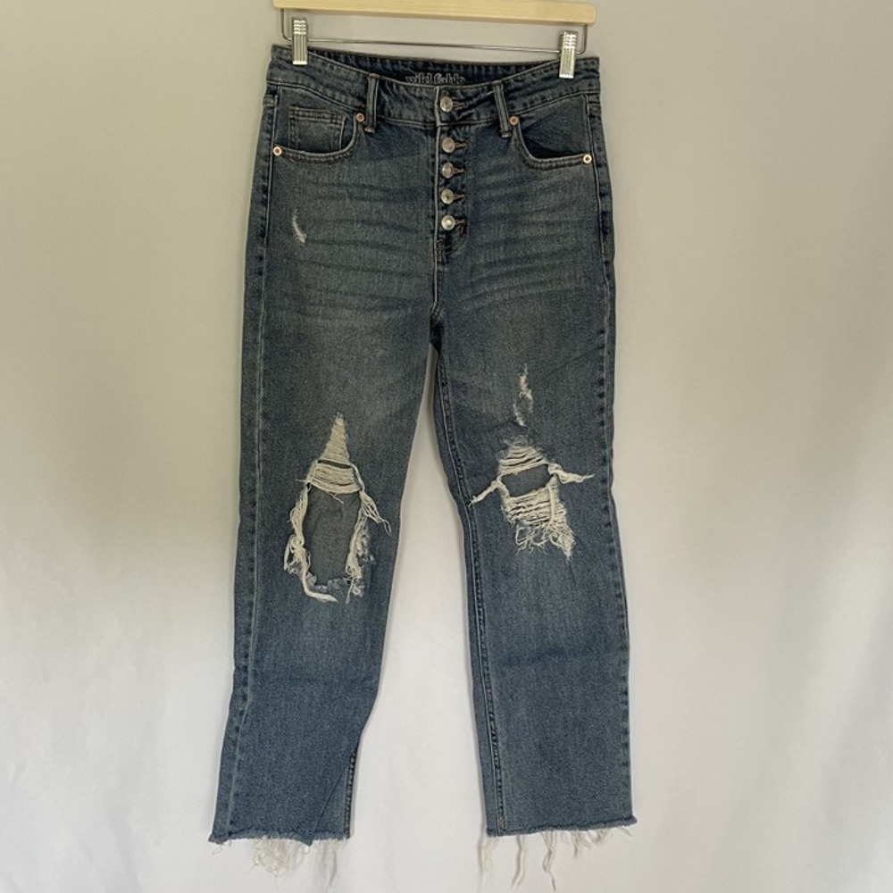 Wild Fable High-Rise Distressed Jeans Size 6 Blue Women Button Fly Raw Hem
